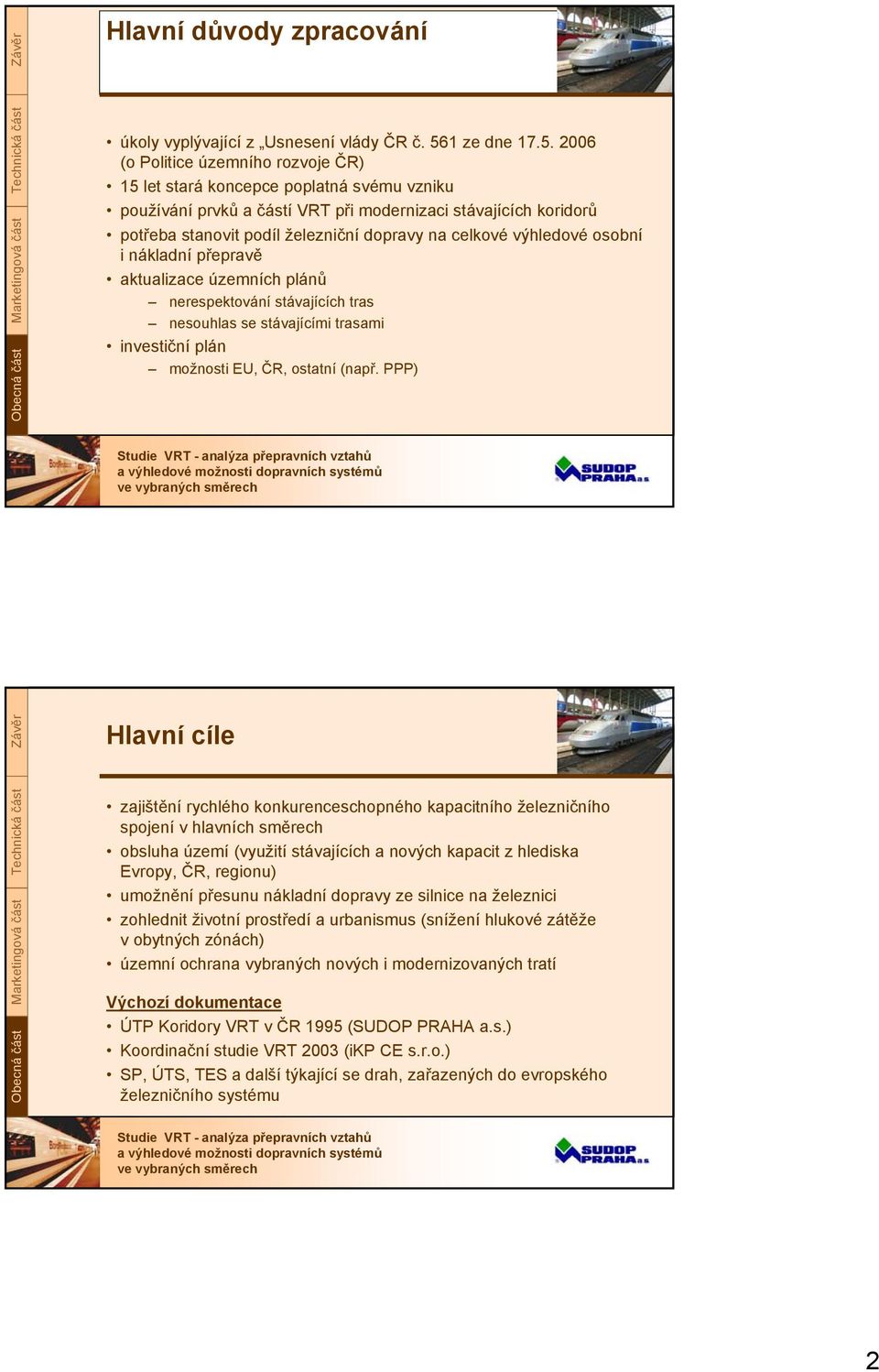 2006 (o Politice územního rozvoje ČR) 15 let stará koncepce poplatná svému vzniku používání prvků a částí VRT při modernizaci stávajících koridorů potřeba stanovit podíl železniční dopravy na celkové