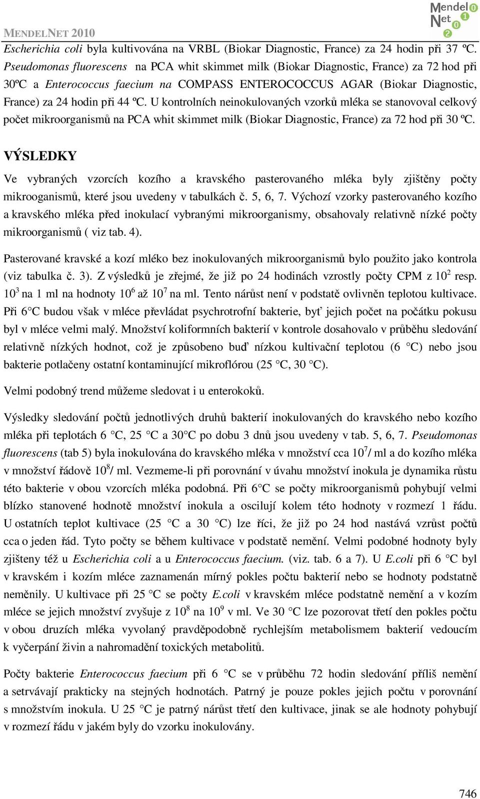 U kontrolních neinokulovaných vzorků mléka se stanovoval celkový počet mikroorganismů na PCA whit skimmet milk (Biokar Diagnostic, France) za 72 hod při 30 ºC.