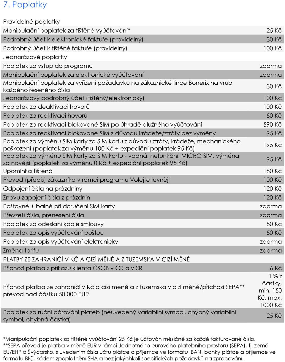podrobný účet (tištěný/elektronický) Poplatek za deaktivaci hovorů Poplatek za reaktivaci hovorů Poplatek za reaktivaci blokované SIM po úhradě dlužného vyúčtování Poplatek za reaktivaci blokované