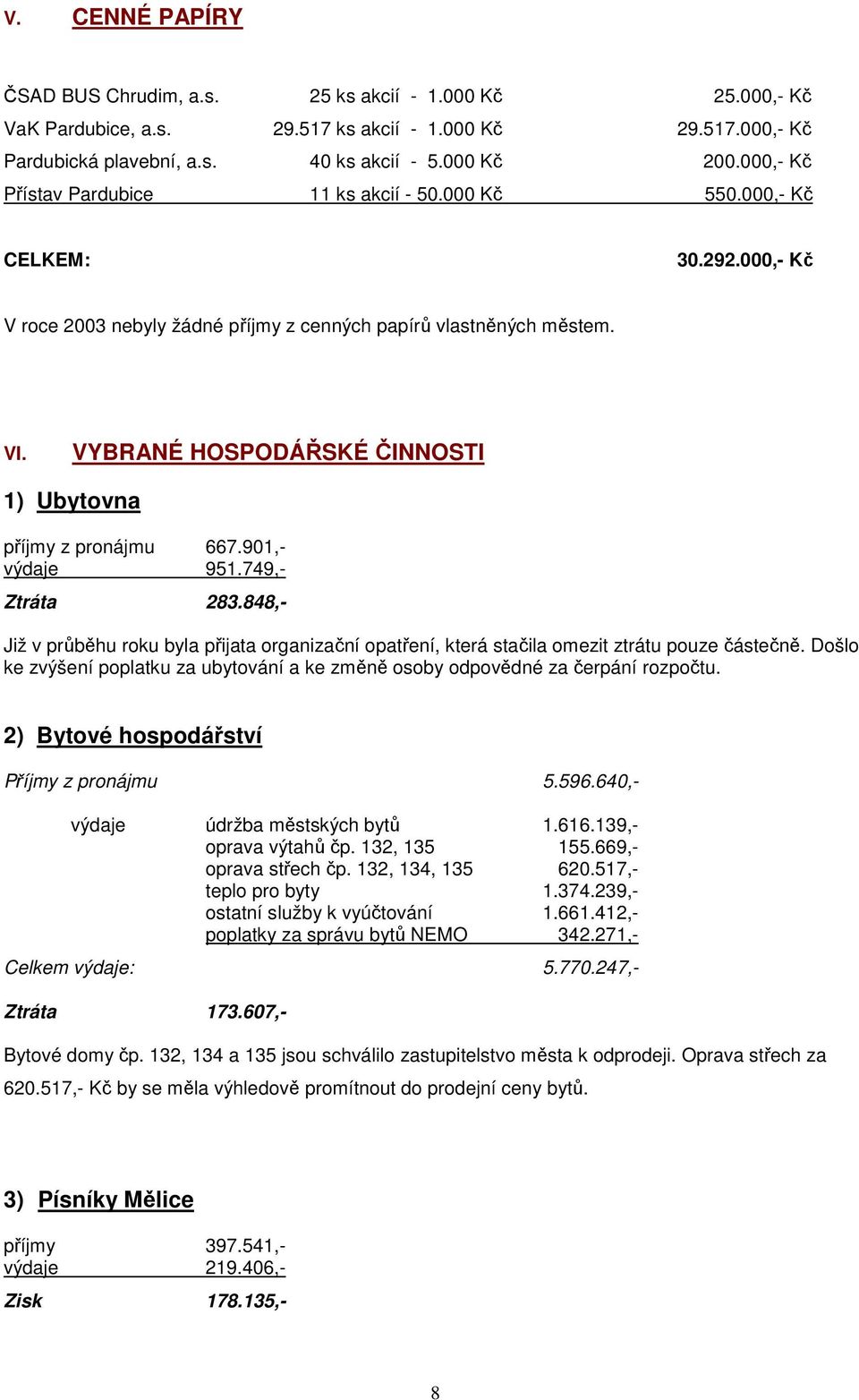 VYBRANÉ HOSPODÁŘSKÉ ČINNOSTI 1) Ubytovna příjmy z pronájmu 667.901,- výdaje 951.749,- Ztráta 283.848,- Již v průběhu roku byla přijata organizační opatření, která stačila omezit ztrátu pouze částečně.