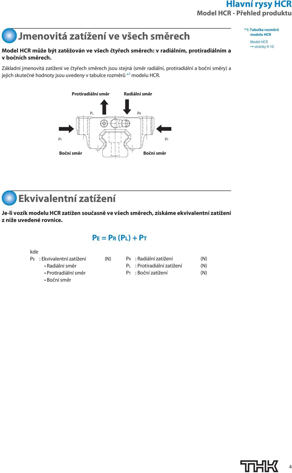 *1: Tabulka rozměrů modelu HCR Model HCR stránky 9-10 Protiradiální směr Radiální směr PL PR PT PT Boční směr Boční směr Ekvivalentní zatížení Je-li vozík modelu HCR zatížen současně ve všech