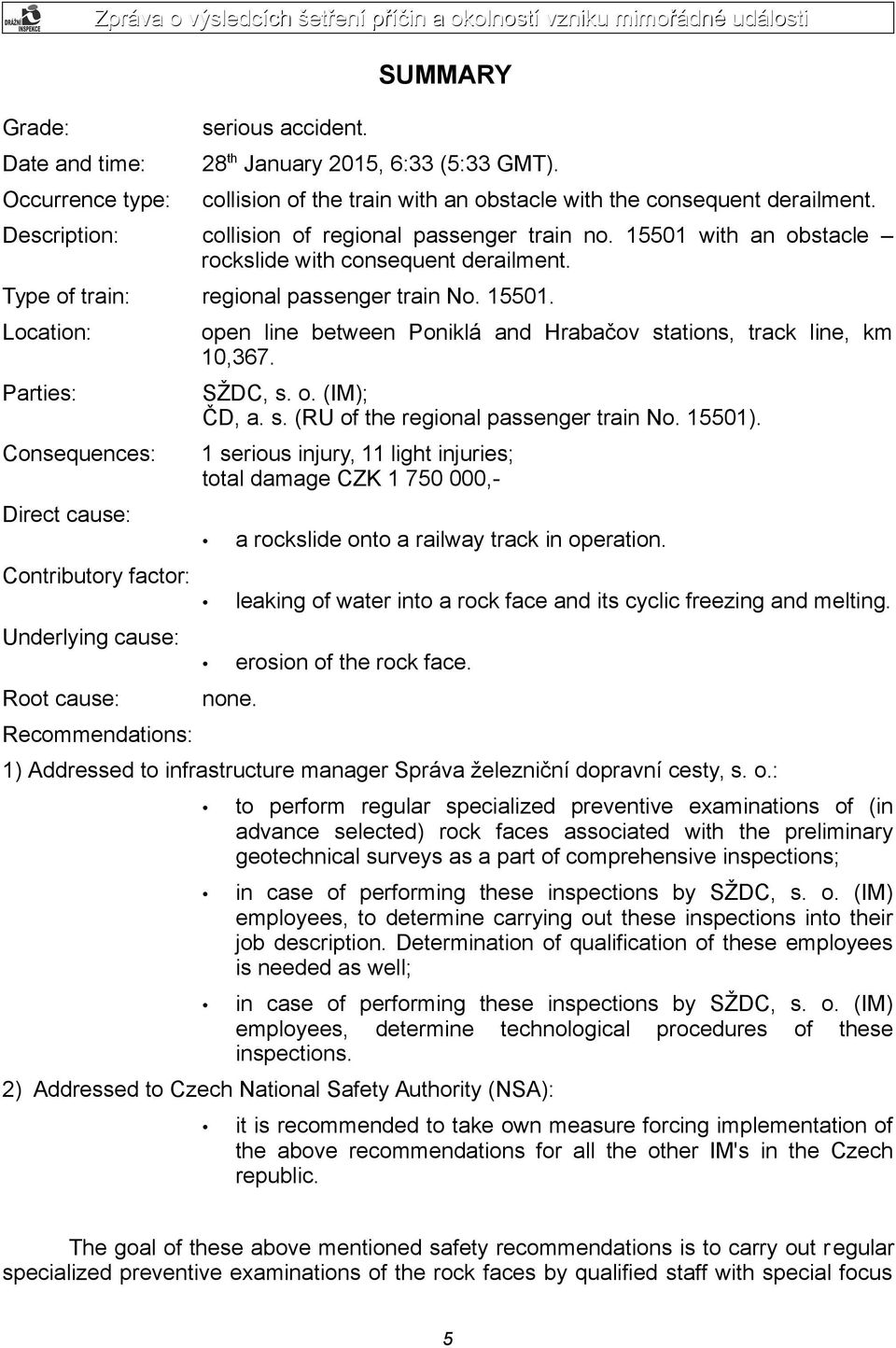 Parties: SŽDC, s. o. (IM); ČD, a. s. (RU of the regional passenger train No. 15501).