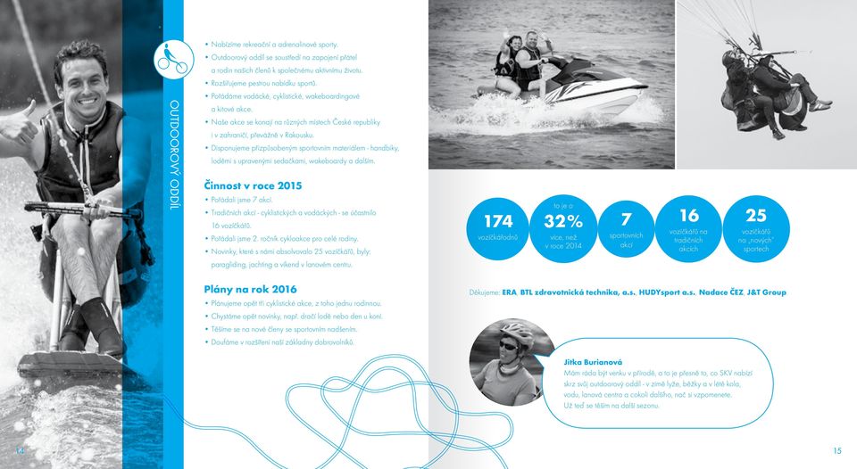 Disponujeme přizpůsobeným sportovním materiálem - handbiky, loděmi s upravenými sedačkami, wakeboardy a dalším. Činnost v roce 2015 Pořádali jsme 7 akcí.