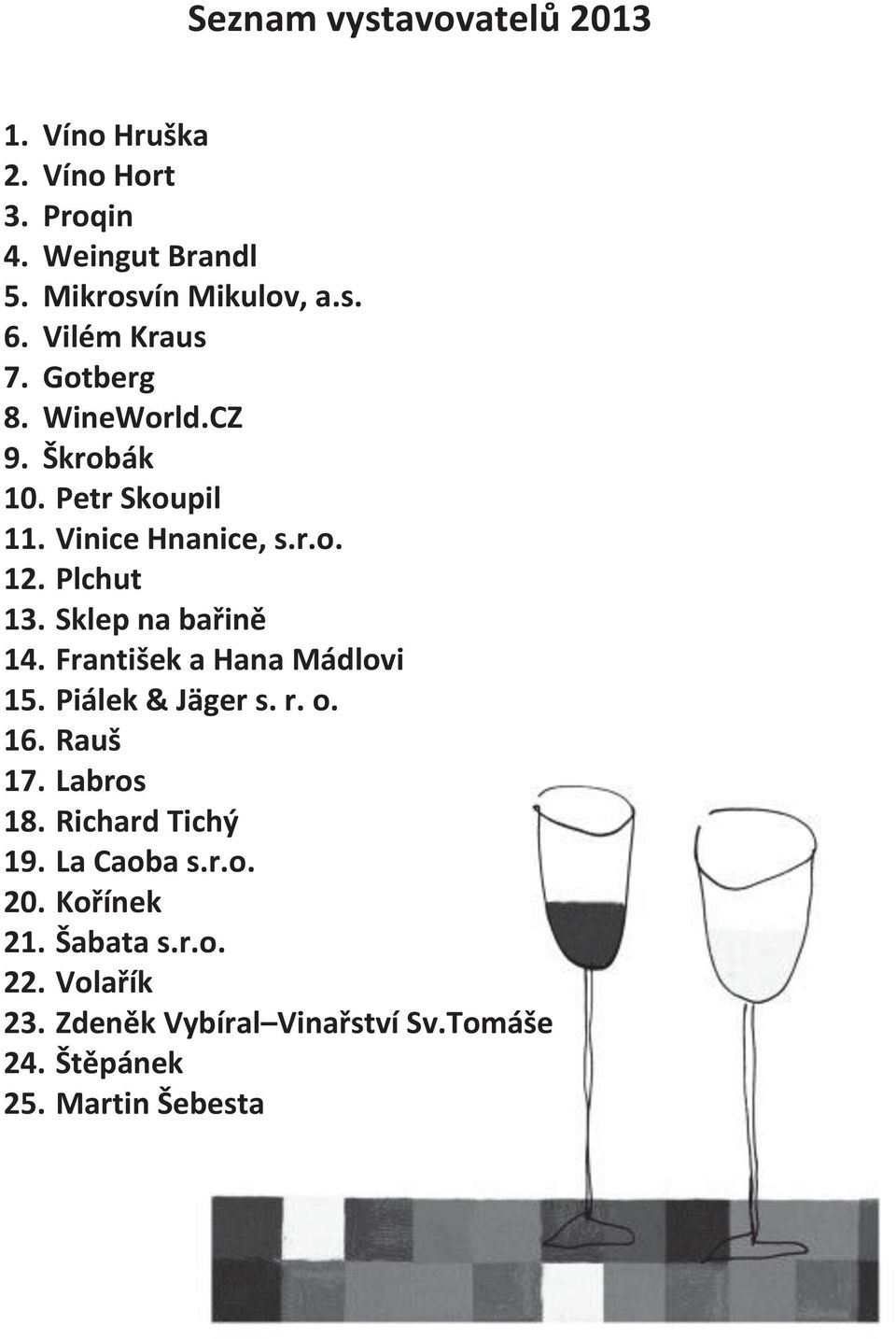 Sklep na bařině 14. František a Hana Mádlovi 15. Piálek & Jäger s. r. o. 16. Rauš 17. Labros 18. Richard Tichý 19.