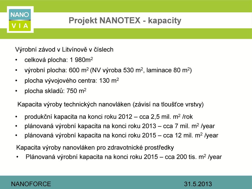 konci roku 2012 cca 2,5 mil. m 2 /rok plánovaná výrobní kapacita na konci roku 2013 cca 7 mil.