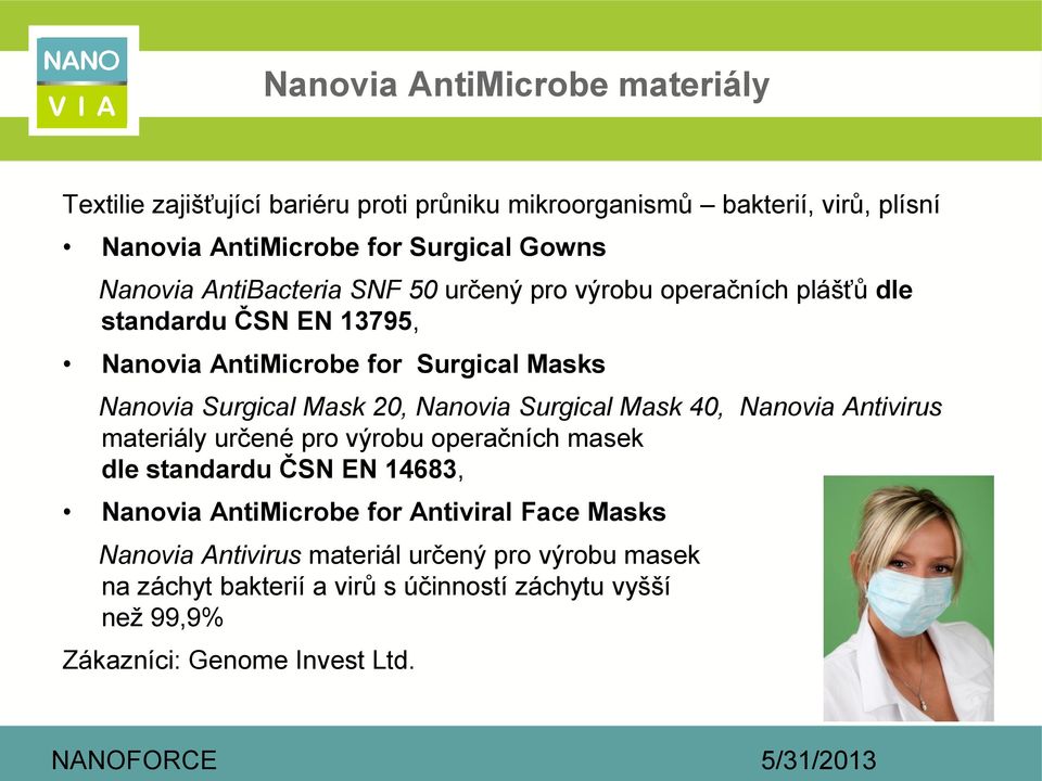 20, Nanovia Surgical Mask 40, Nanovia Antivirus materiály určené pro výrobu operačních masek dle standardu ČSN EN 14683, Nanovia AntiMicrobe for