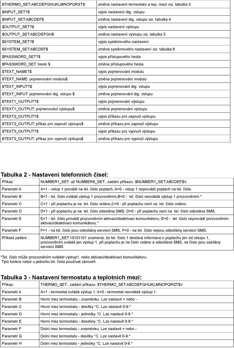 $ výpis systémového nastavení $SYSTEM_SET:ABCDEF$ změna systémového nastavení viz. tabulka 6 $PASSWORD_SET?$ výpis přístupového hesla $PASSWORD_SET: heslo $ změna přístupového hesla $TEXT_NAME?