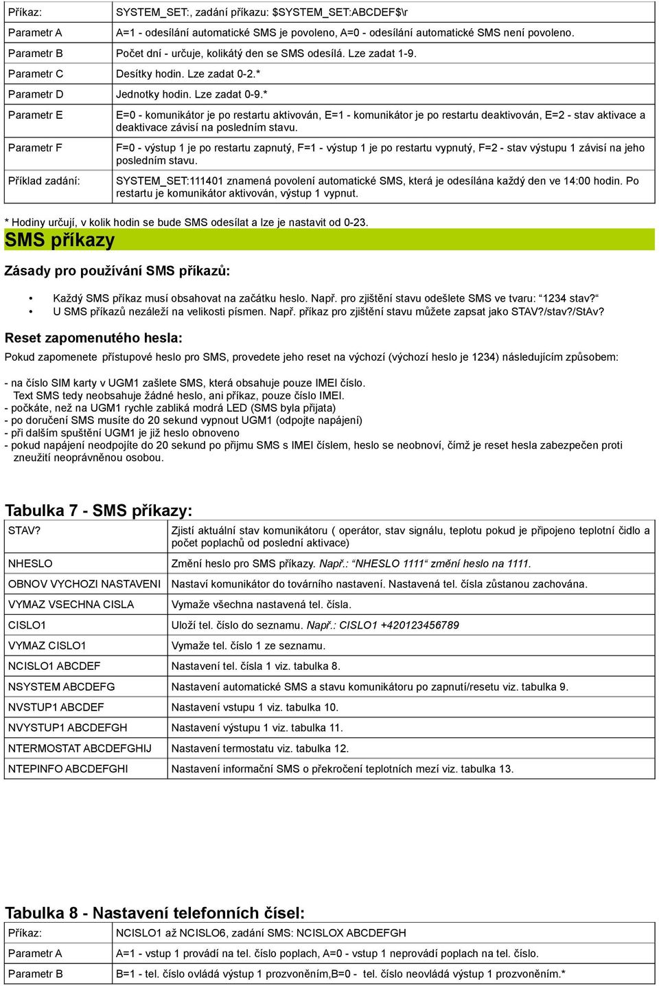 * Parametr E Příklad zadání: E=0 - komunikátor je po restartu aktivován, E=1 - komunikátor je po restartu deaktivován, E=2 - stav aktivace a deaktivace závisí na posledním stavu.