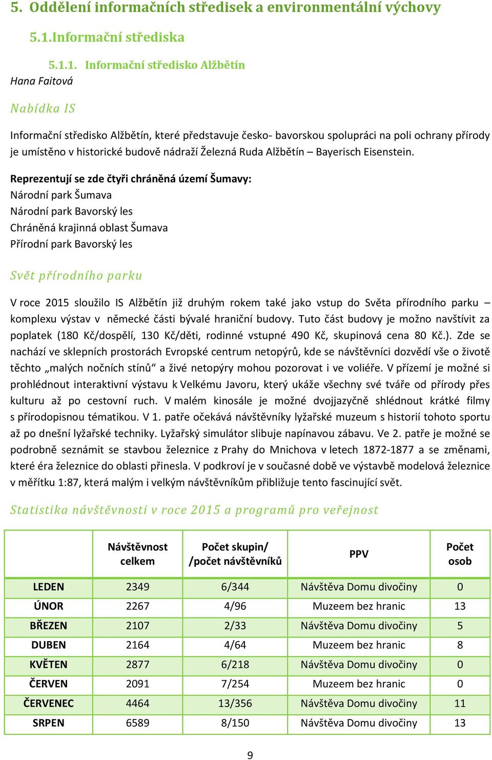 1. Informační středisko Alžbětín Hana Faitová Nabídka IS Informační středisko Alžbětín, které představuje česko- bavorskou spolupráci na poli ochrany přírody je umístěno v historické budově nádraží