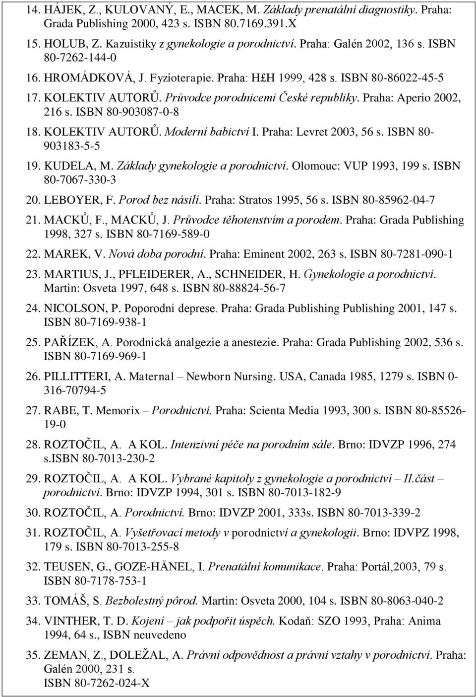 ISBN 80-903087-0-8 18. KOLEKTIV AUTORŮ. Moderní babictví I. Praha: Levret 003, 56 s. ISBN 80-903183-5-5 19. KUDELA, M. Základy gynekologie a porodnictví. Olomouc: VUP 1993, 199 s.