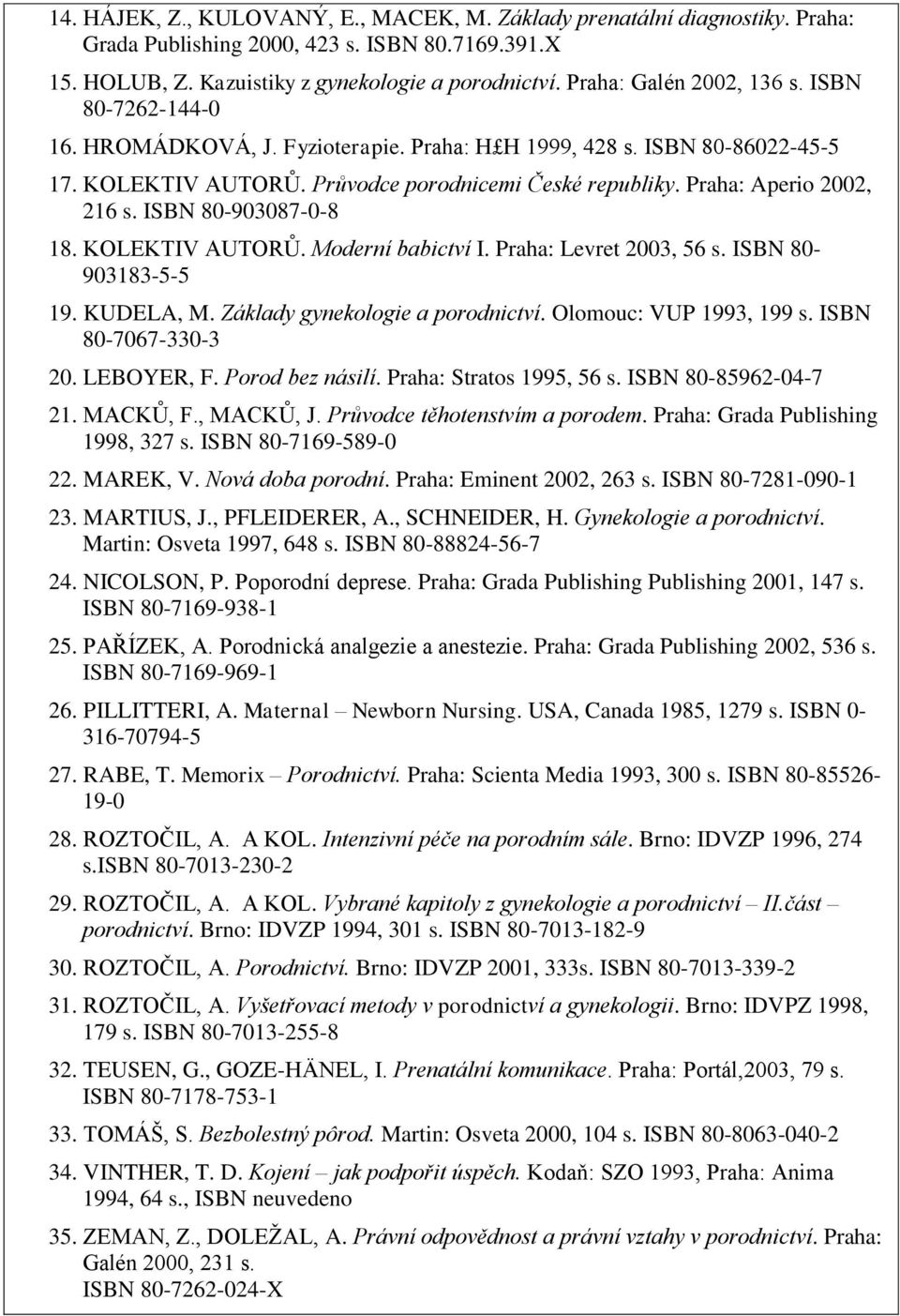 ISBN 80-903087-0-8 18. KOLEKTIV AUTORŮ. Moderní babictví I. Praha: Levret 003, 56 s. ISBN 80-903183-5-5 19. KUDELA, M. Základy gynekologie a porodnictví. Olomouc: VUP 1993, 199 s.