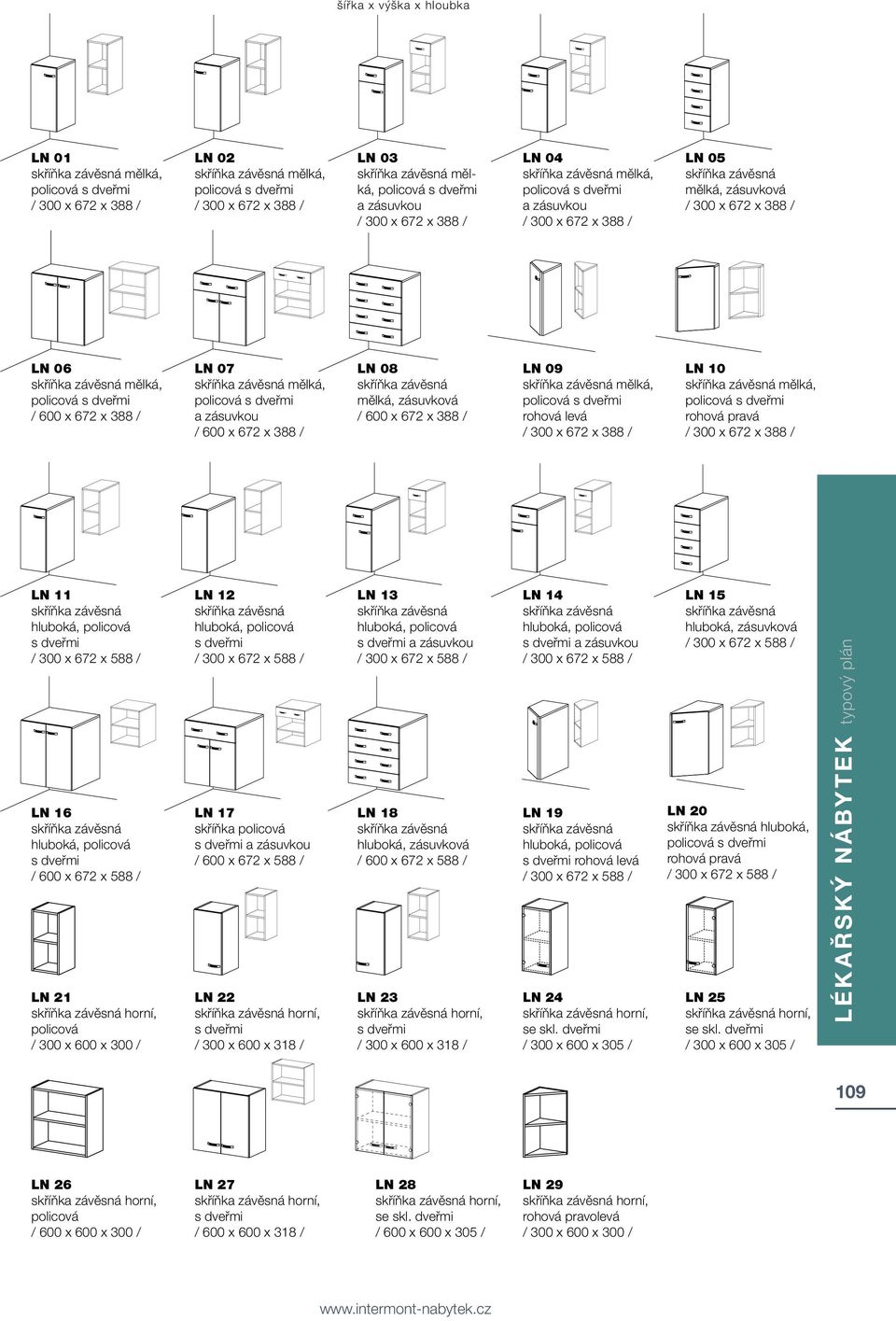 10 mělká, rohová pravá / 300 x 672 x 388 / LN 11 hluboká, policová s dveřmi / 300 x 672 x 588 / LN 16 hluboká, policová s dveřmi / 600 x 672 x 588 / LN 21 horní, policová / 300 x 600 x 300 / LN 12