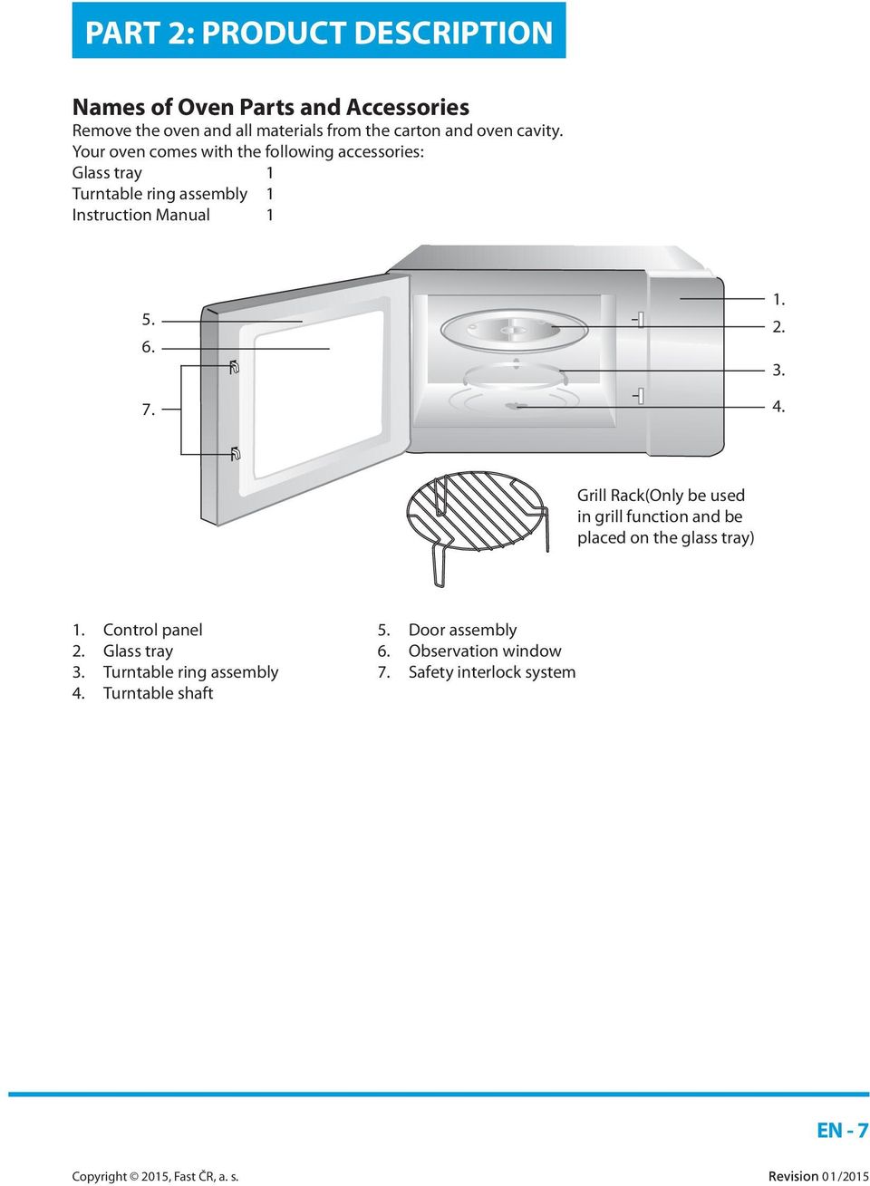 Your oven comes with the following accessories: Glass tray 1 Turntable ring assembly 1 Instruction Manual 1 5. 6. 7. 1. 2.