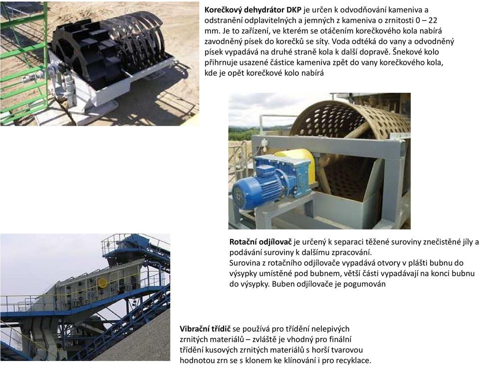 Šnekové kolo přihrnuje usazené částice kameniva zpět do vany korečkového kola, kde je opět korečkové kolo nabírá Rotační odjílovačje určený k separaci těžené suroviny znečistěné jíly a podávání