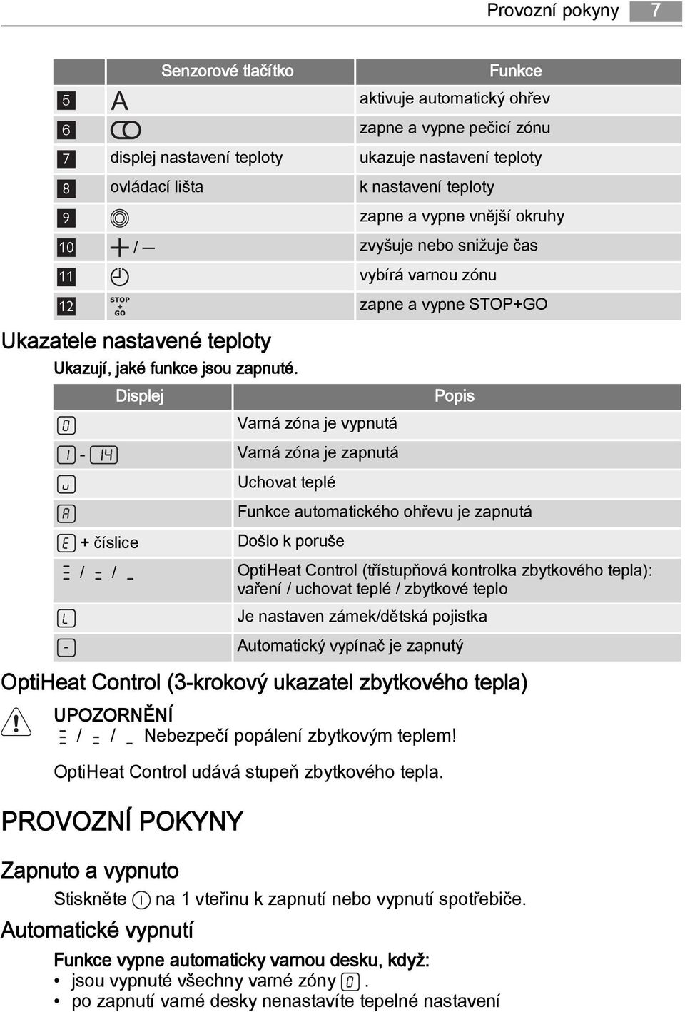 Displej Varná zóna je vypnutá Popis - Varná zóna je zapnutá Uchovat teplé + číslice Došlo k poruše Funkce automatického ohřevu je zapnutá / / OptiHeat Control (třístupňová kontrolka zbytkového