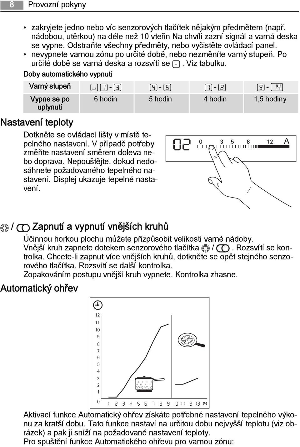 Doby automatického vypnutí Varný stupeň - - - - Vypne se po uplynutí Nastavení teploty Dotkněte se ovládací lišty v místě tepelného nastavení.