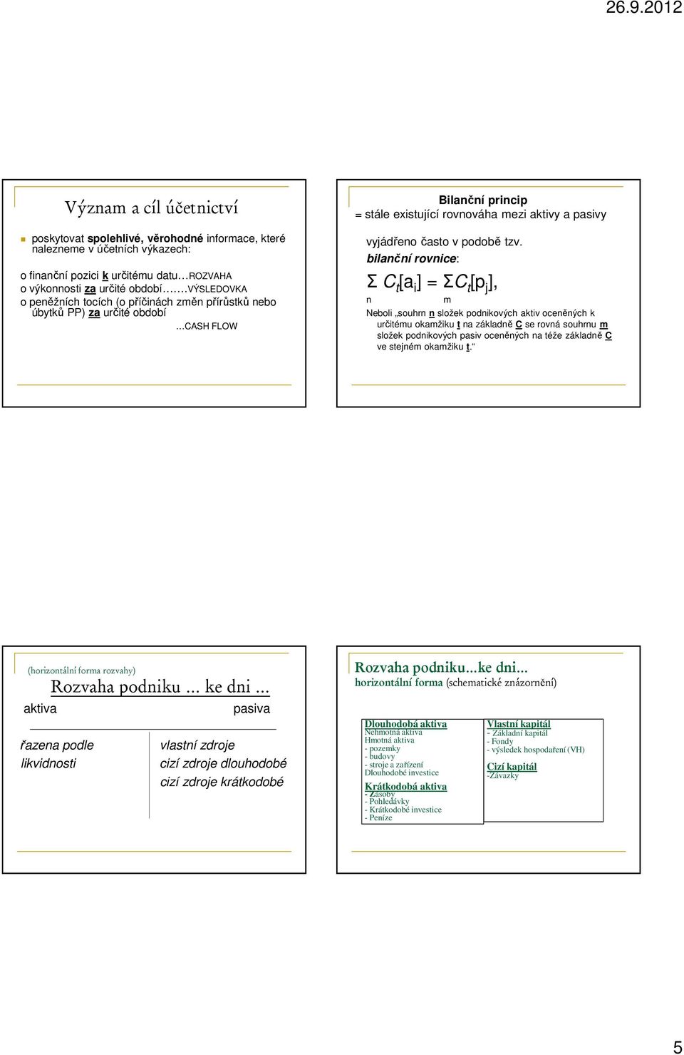 bilanční rovnice: Σ C t [a i ] = ΣC t [p j ], n m Neboli souhrn n složek podnikových aktiv oceněných k určitému okamžiku t na základně C se rovná souhrnu m složek podnikových pasiv oceněných na téže