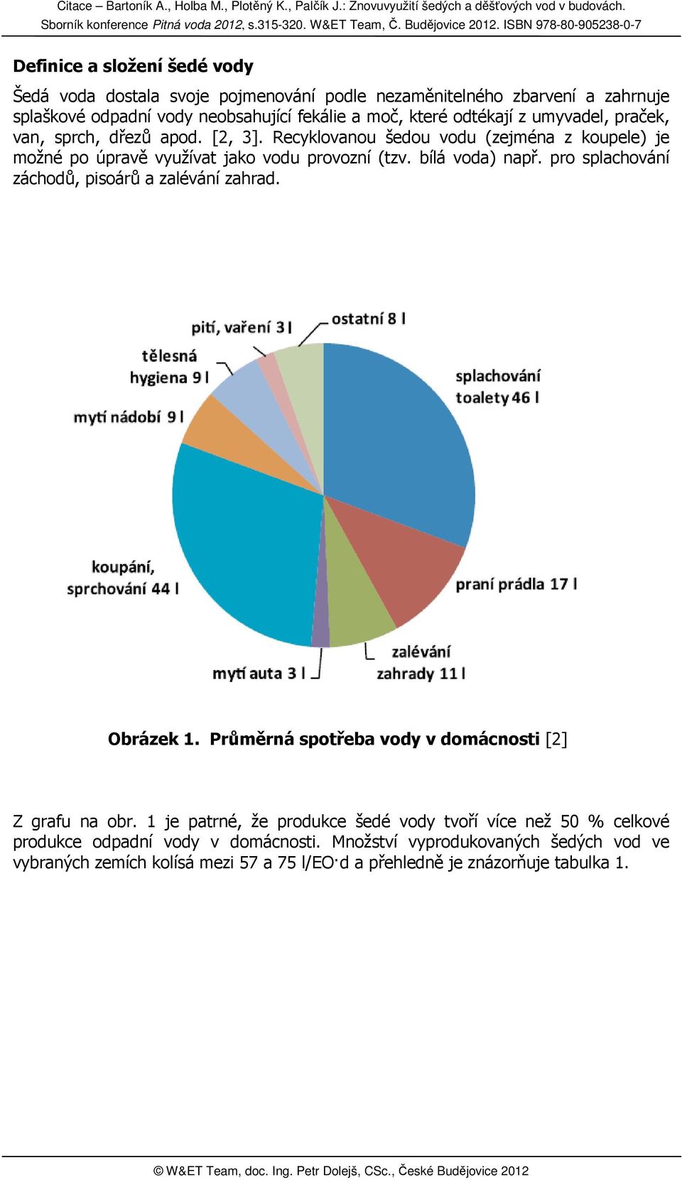 bílá voda) např. pro splachování záchodů, pisoárů a zalévání zahrad. Obrázek 1. Průměrná spotřeba vody v domácnosti [2] Z grafu na obr.