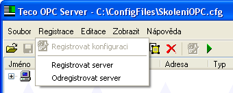 Popis funkcí menu 2.3.2 Menu Registrace Menu Registrace slouží k registraci aktuální konfigurace a k dodatečnému zaregistrování/odregistrování OPC serveru.