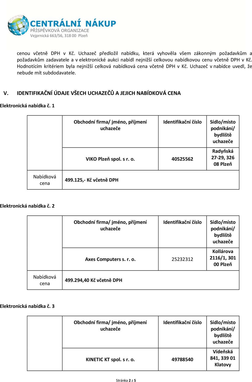Hodnotícím kritériem byla nejnižší celková nabídková včetně DPH v Kč. Uchazeč v nabídce uvedl, že nebude mít subdodavatele. V.