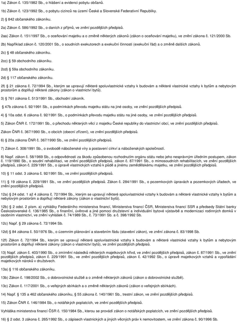 2b) Například zákon č. 120/2001 Sb., o soudních exekutorech a exekuční činnosti (exekuční řád) a o změně dalších zákonů. 2c) 48 občanského zákoníku. 2cc) 59 obchodního zákoníku.