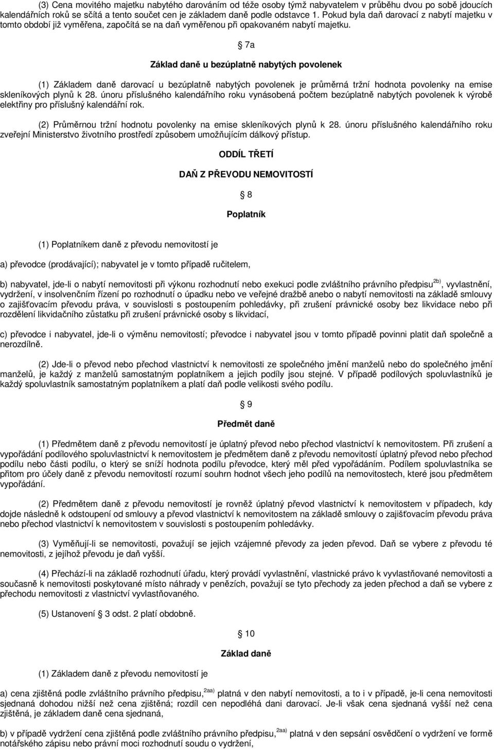 7a Základ daně u bezúplatně nabytých povolenek (1) Základem daně darovací u bezúplatně nabytých povolenek je průměrná tržní hodnota povolenky na emise skleníkových plynů k 28.