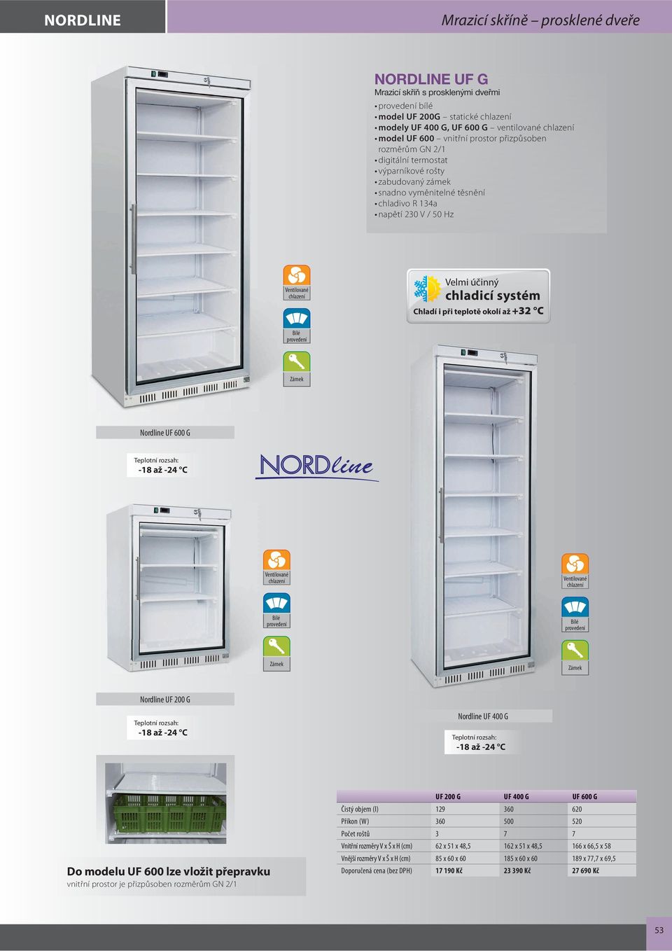 chladicí systém Chladí i při teplotě okolí až +32 C Bílé provedení Nordline UF 600 G -18 až -24 C Ventilované chlazení Ventilované chlazení Bílé provedení Bílé provedení Nordline UF 200 G -18 až -24