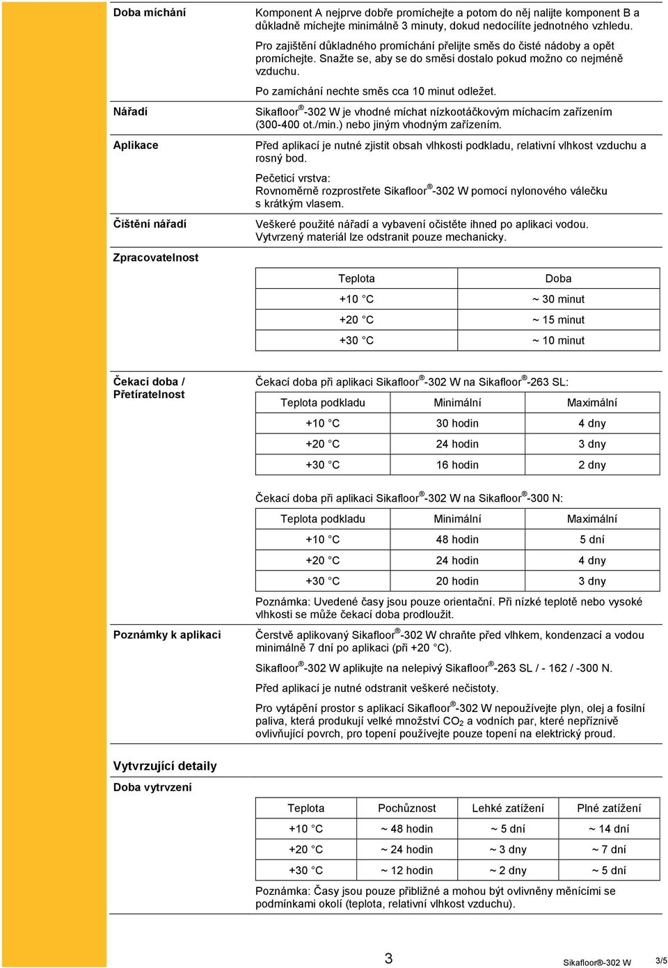 Po zamíchání nechte směs cca 10 minut odležet. Sikafloor -302 W je vhodné míchat nízkootáčkovým míchacím zařízením (300-400 ot./min.) nebo jiným vhodným zařízením.