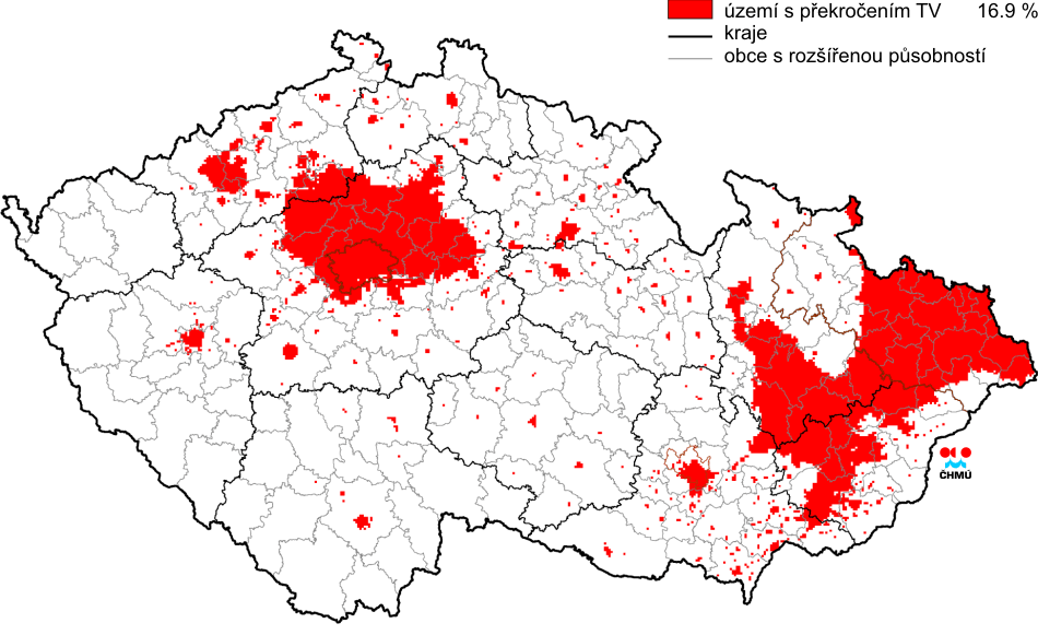 Obrázek 89: Vyznačení oblastí s překročenými cílovými imisními limity pro ochranu zdraví bez zahrnutí přízemního ozonu, 2011 Již z předcházejících obrázků (Obrázek 88 aobrázek 89) je patrné, že na