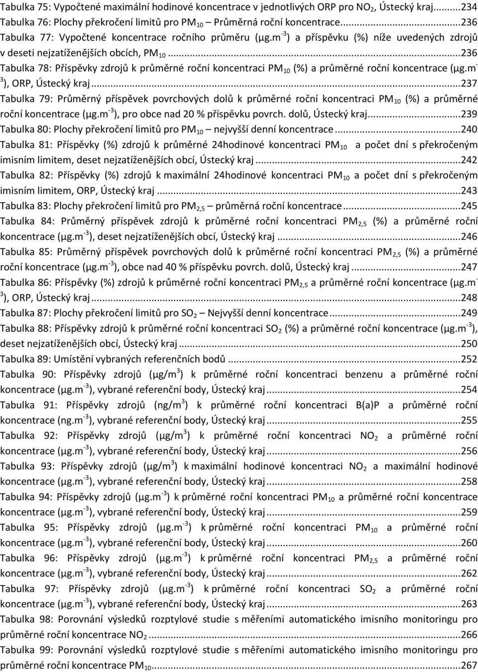 .. 236 Tabulka 78: Příspěvky zdrojů k průměrné roční koncentraci PM 10 (%) a průměrné roční koncentrace (µg.m - 3 ), ORP, Ústecký kraj.