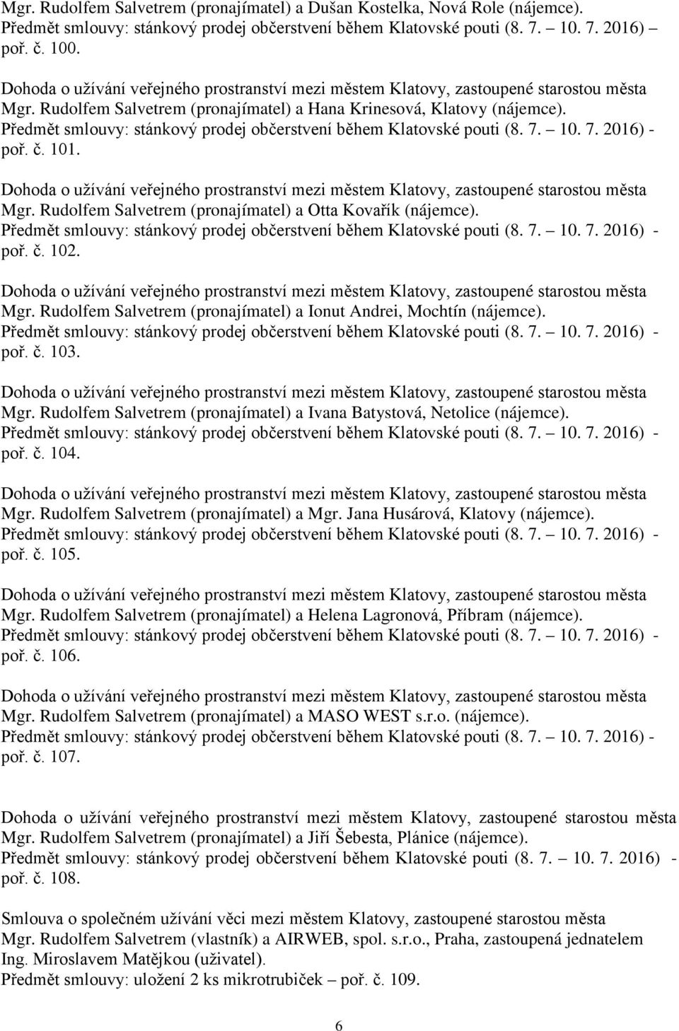 poř. č. 103. Mgr. Rudolfem Salvetrem (pronajímatel) a Ivana Batystová, Netolice (nájemce). poř. č. 104. Mgr. Rudolfem Salvetrem (pronajímatel) a Mgr. Jana Husárová, Klatovy (nájemce). poř. č. 105.