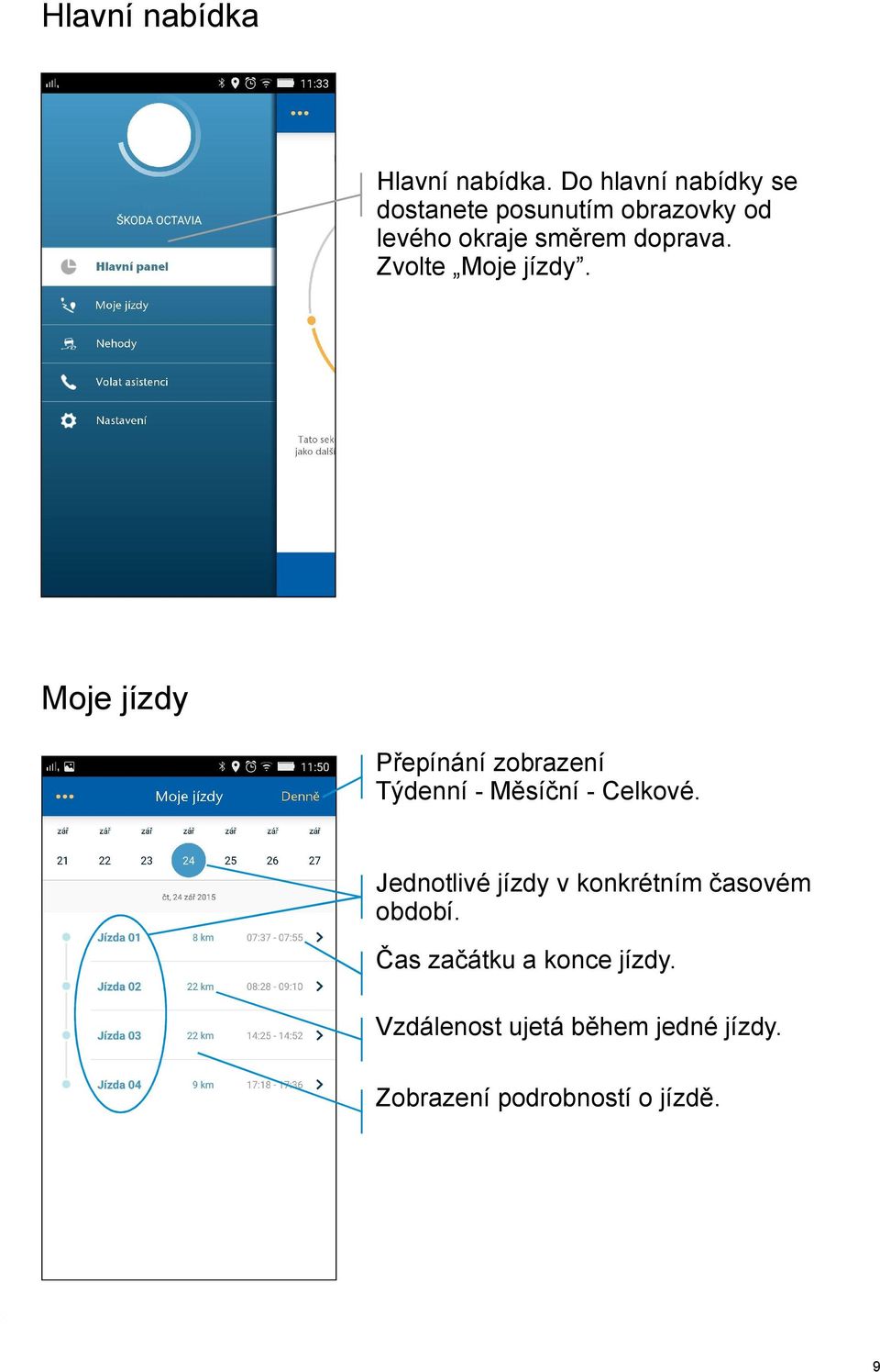 Zvolte Moje jízdy. Moje jízdy Přepínání zobrazení Týdenní - Měsíční - Celkové.