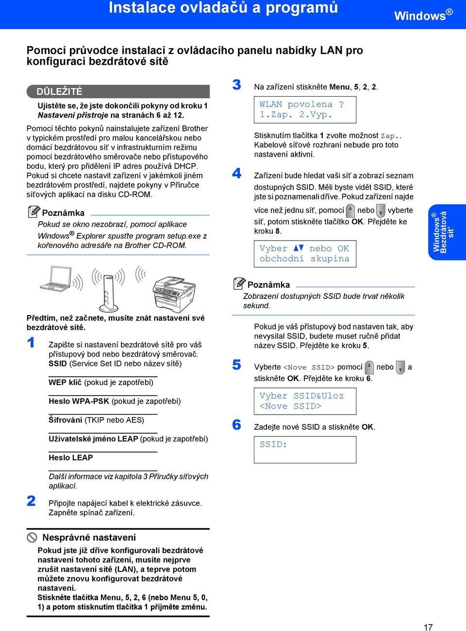 Pomocí těchto pokynů nainstalujete zařízení Brother v typickém prostředí pro malou kancelářskou nebo domácí bezdrátovou síñ v infrastrukturním režimu pomocí bezdrátového směrovače nebo přístupového