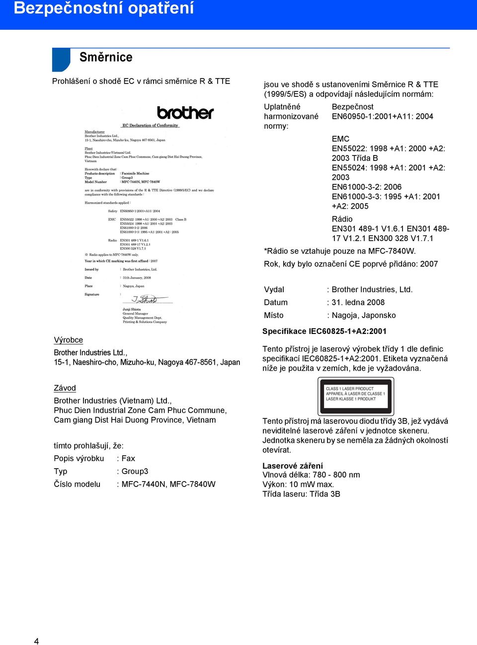 6.1 EN301 489-17 V1.2.1 EN300 328 V1.7.1 *Rádio se vztahuje pouze na MFC-7840W. Rok, kdy bylo označení CE poprvé přidáno: 2007 Vydal : Brother Industries, Ltd. Datum : 31.