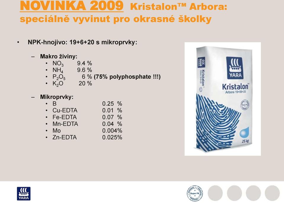6 % P 2 O 5 6 % (75% polyphosphate!!!) K 2 O 20 % Mikroprvky: B 0.