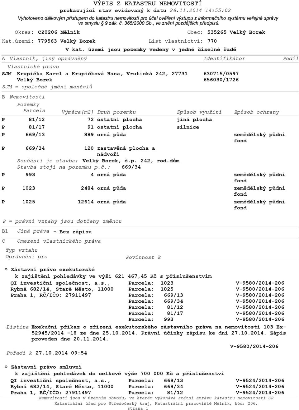 území: 779563 Velký Brek List vlastnictví: 770 Vyhtven dálkvým přístupem d katastru nemvitstí pr účel věření výstupu z infrmačníh systému veřejné správy ve smyslu 9 zák. č. 365/2000 Sb.