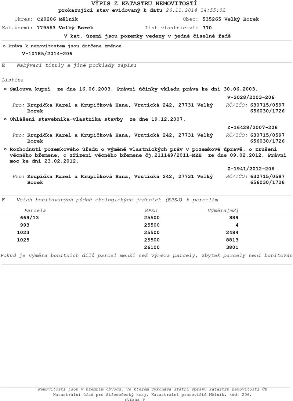 rávní účinky vkladu práva ke dni 30.06.2003. r: r: r: Krupička Karel a Krupičkvá Hana, Vrutická 242, 27731 Velký Brek Ohlášení stavebníka-vlastníka stavby ze dne 19.12.2007.