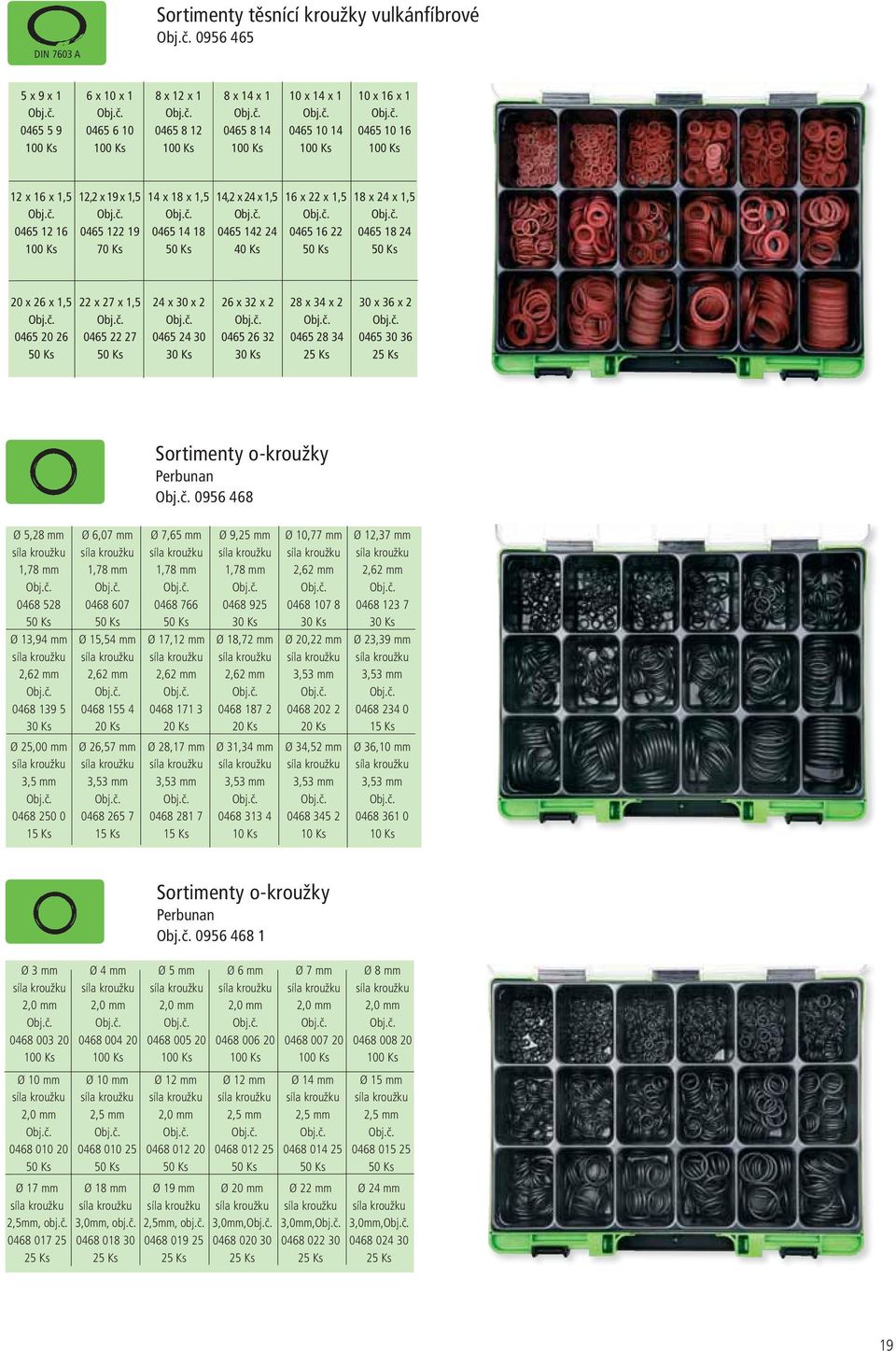 27 24 x 30 x 2 0465 24 30 26 x 32 x 2 0465 26 32 28 x 34 x 2 0465 28 34 30 x 36 x 2 0465 30 36 Sortimenty o-kroužky Perbunan 0956 468 Ø 5,28 mm 1,78 mm 0468 528 Ø 13,94 mm 2,62 mm 0468 139 5 Ø 25,00