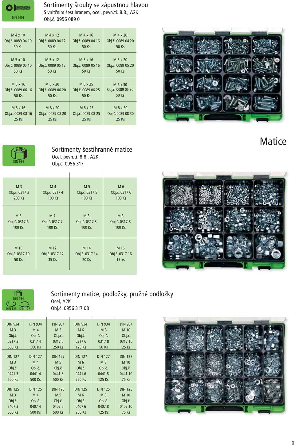 0089 06 20 M 6 x 25 0089 06 25 M 6 x 30 0089 06 30 M 8 x 16 0089 08 16 M 8 x 20 0089 08 20 M 8 x 25 0089 08 25 M 8 x 30 0089 08 30 Sortimenty šestihranné matice Ocel, pevn.tř. 8.8., A2K 0956 317