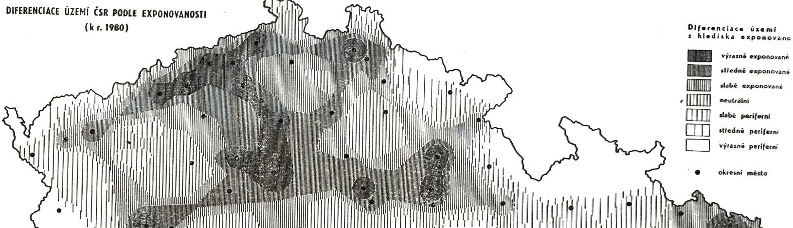 Obr. 1.7 Diferenciace území ČR dle exponovanosti Druhou významnou vlastností regionu je jeho struktura vyjádřená poměrem jádra a zázemí.
