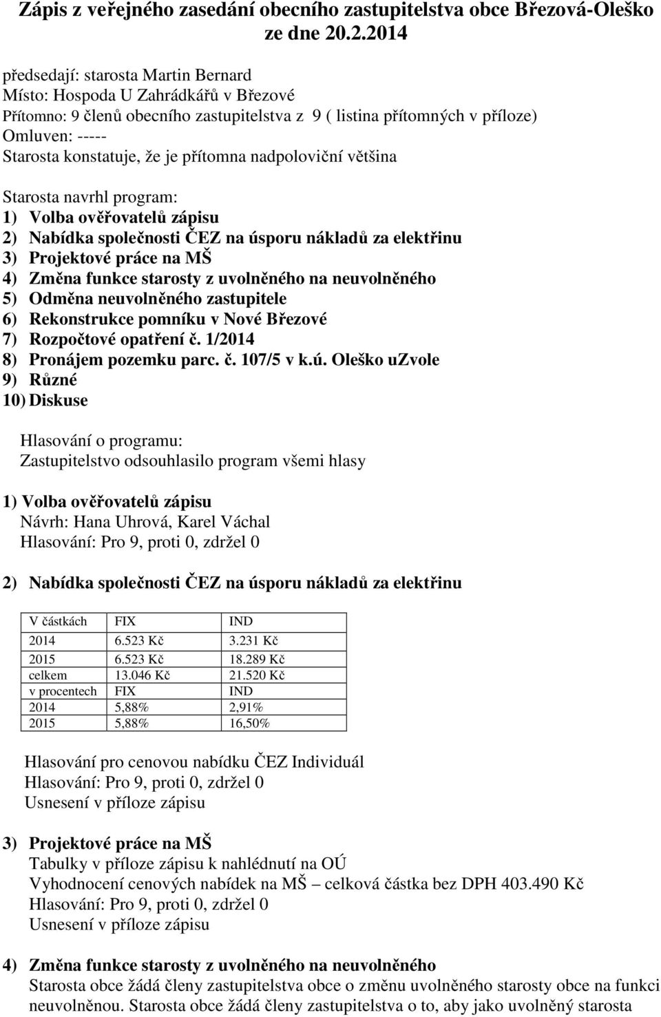 Projektové práce na MŠ 4) Změna funkce starosty z uvolněného na neuvolněného 5) Odměna neuvolněného zastupitele 6) Rekonstrukce pomníku v Nové Březové 7) Rozpočtové opatření č.