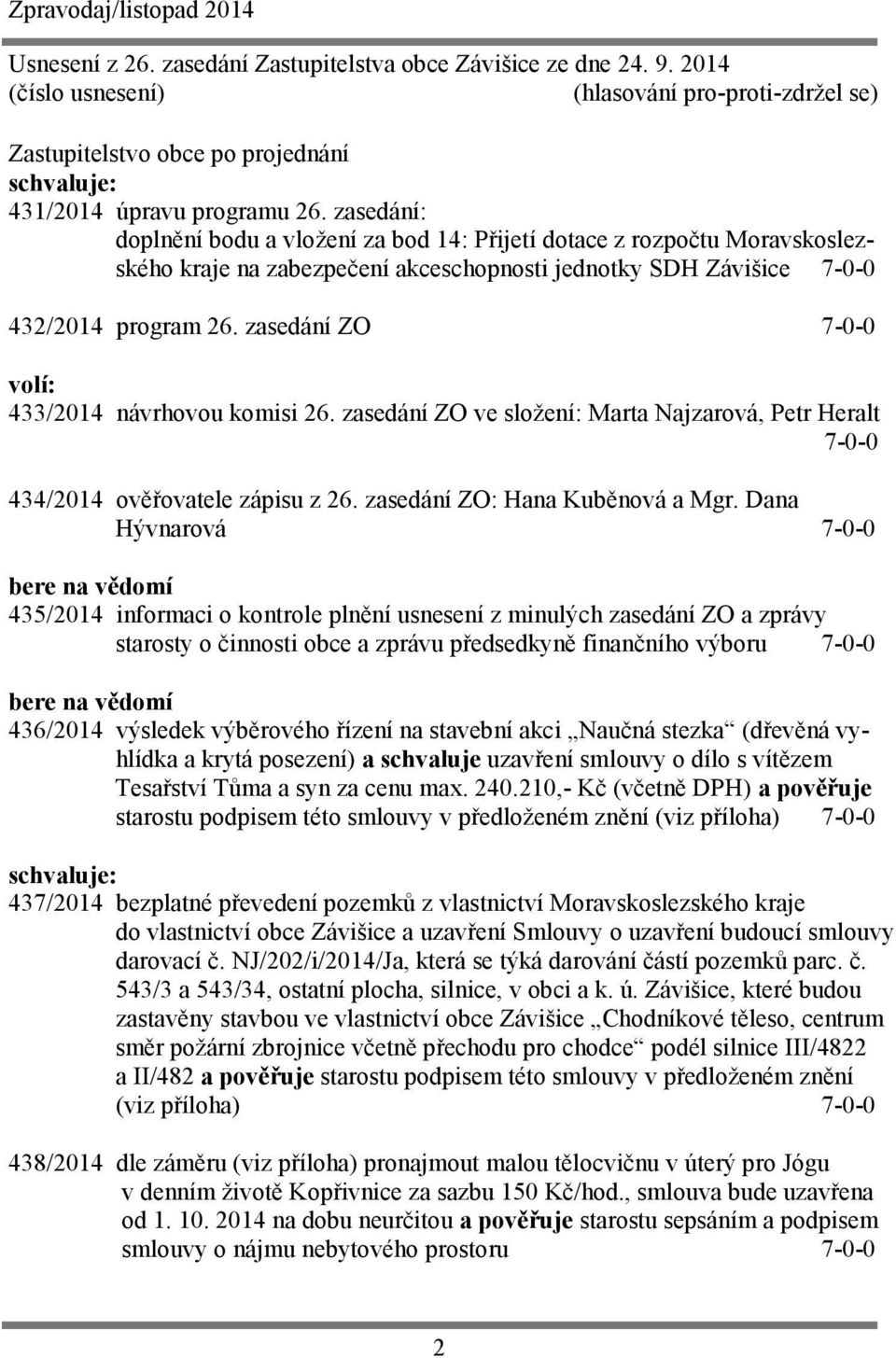 zasedání ZO 7-0-0 volí: 433/2014 návrhovou komisi 26. zasedání ZO ve složení: Marta Najzarová, Petr Heralt 7-0-0 434/2014 ověřovatele zápisu z 26. zasedání ZO: Hana Kuběnová a Mgr.