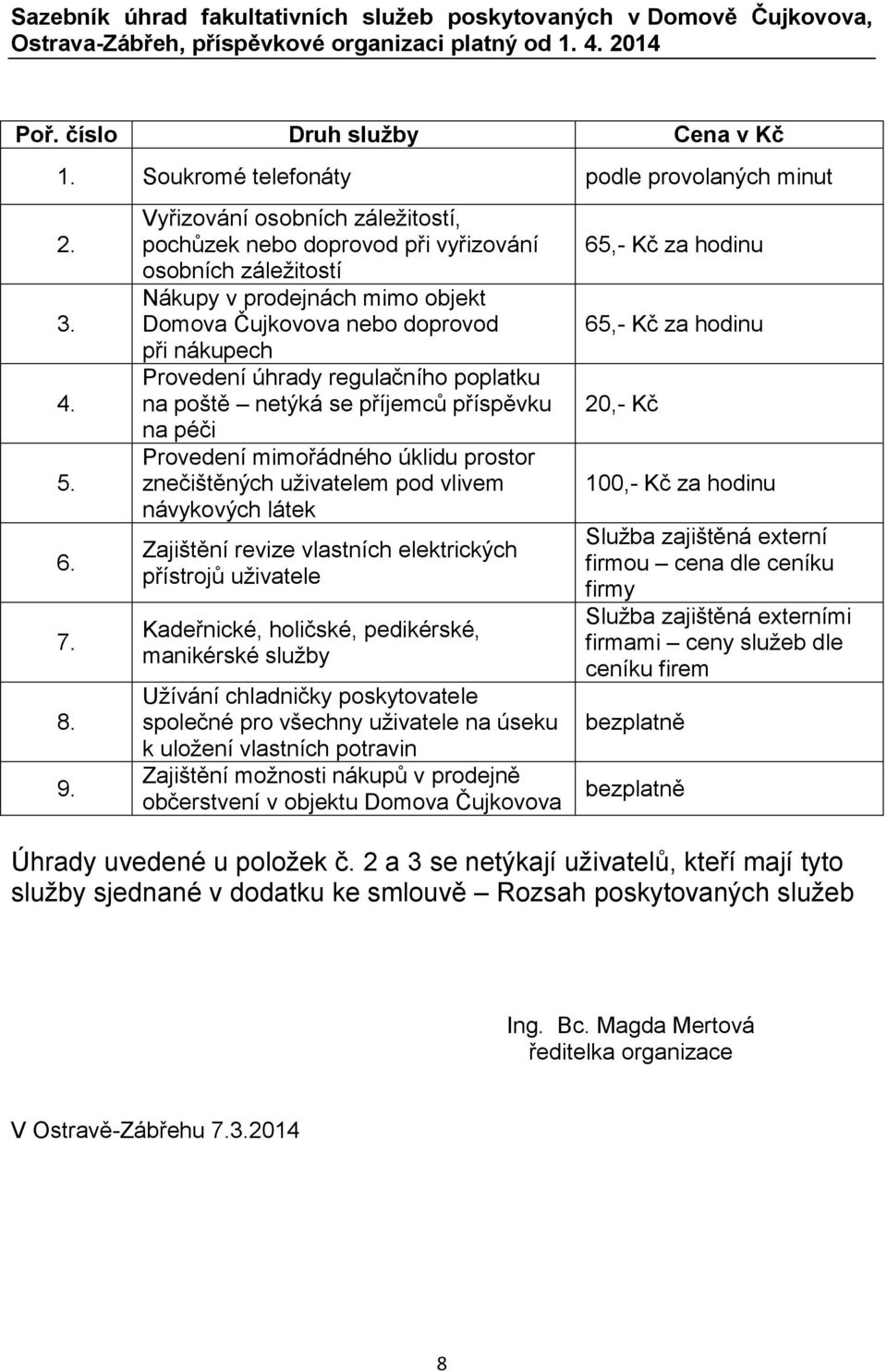 Vyřizování osobních záležitostí, pochůzek nebo doprovod při vyřizování osobních záležitostí Nákupy v prodejnách mimo objekt Domova Čujkovova nebo doprovod při nákupech Provedení úhrady regulačního