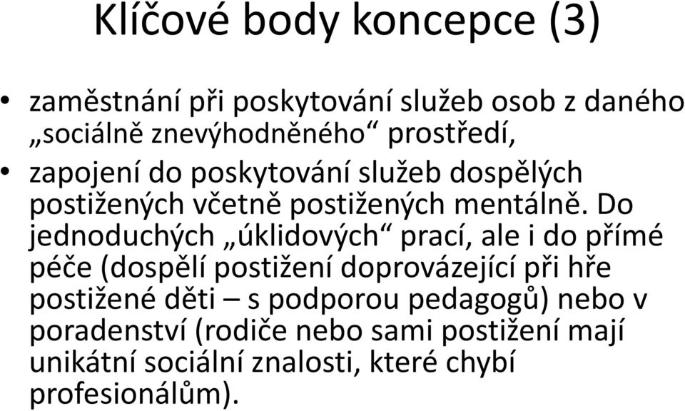 Do jednoduchých úklidových prací, ale i do přímé péče (dospělí postižení doprovázející při hře postižené