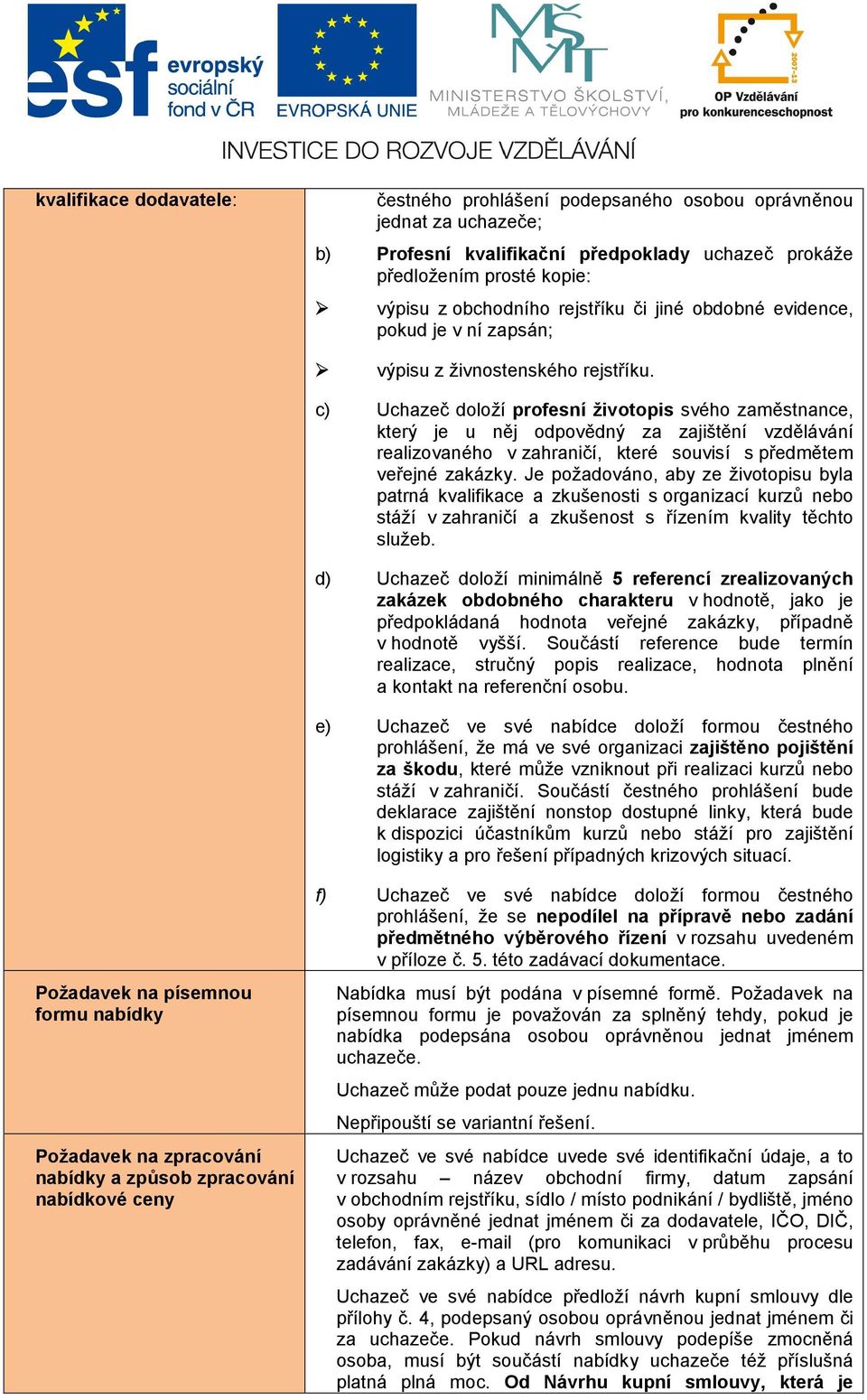 c) Uchazeč doloží profesní životopis svého zaměstnance, který je u něj odpovědný za zajištění vzdělávání realizovaného v zahraničí, které souvisí s předmětem veřejné zakázky.