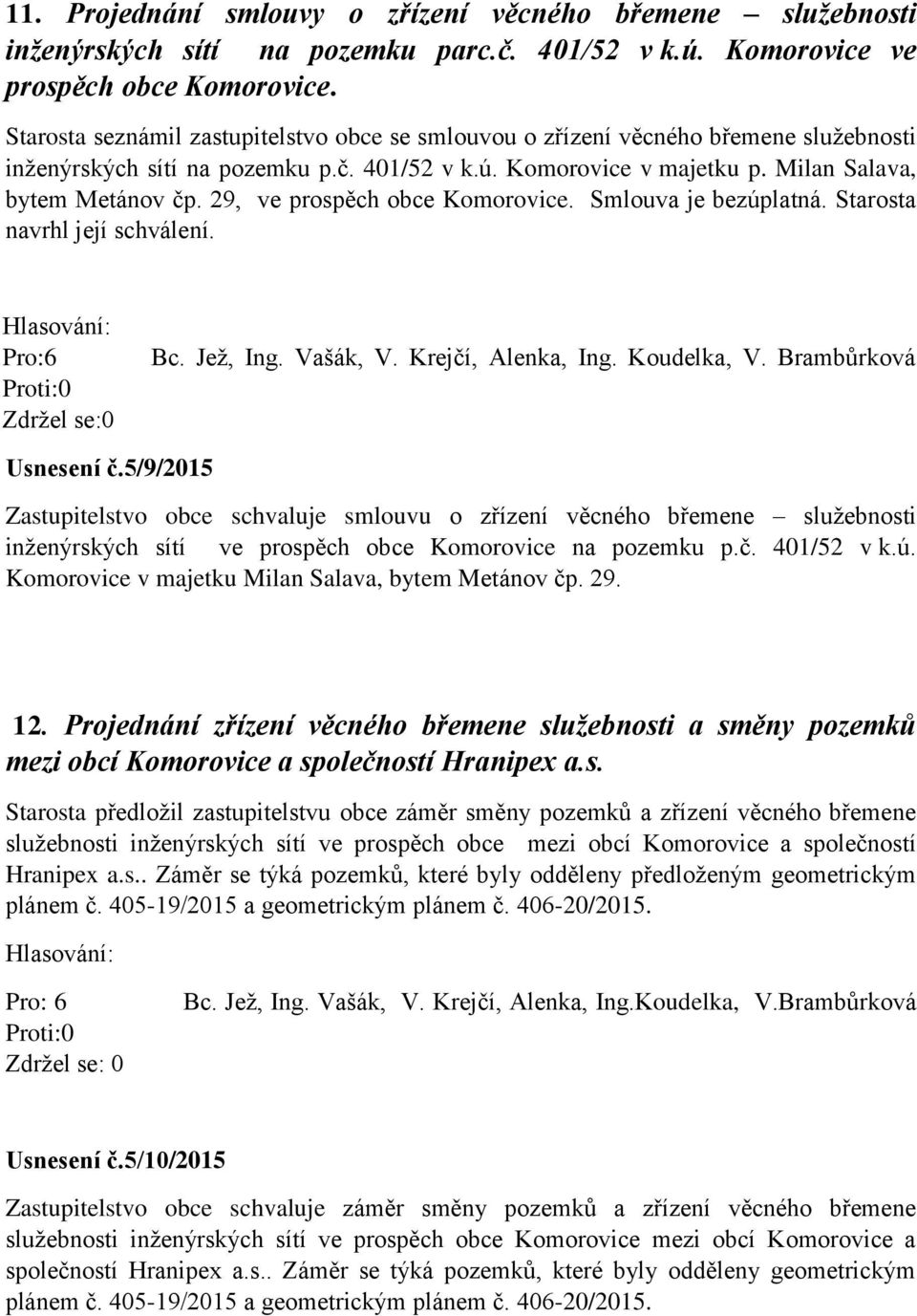 29, ve prospěch obce Komorovice. Smlouva je bezúplatná. Starosta navrhl její schválení. Usnesení č.