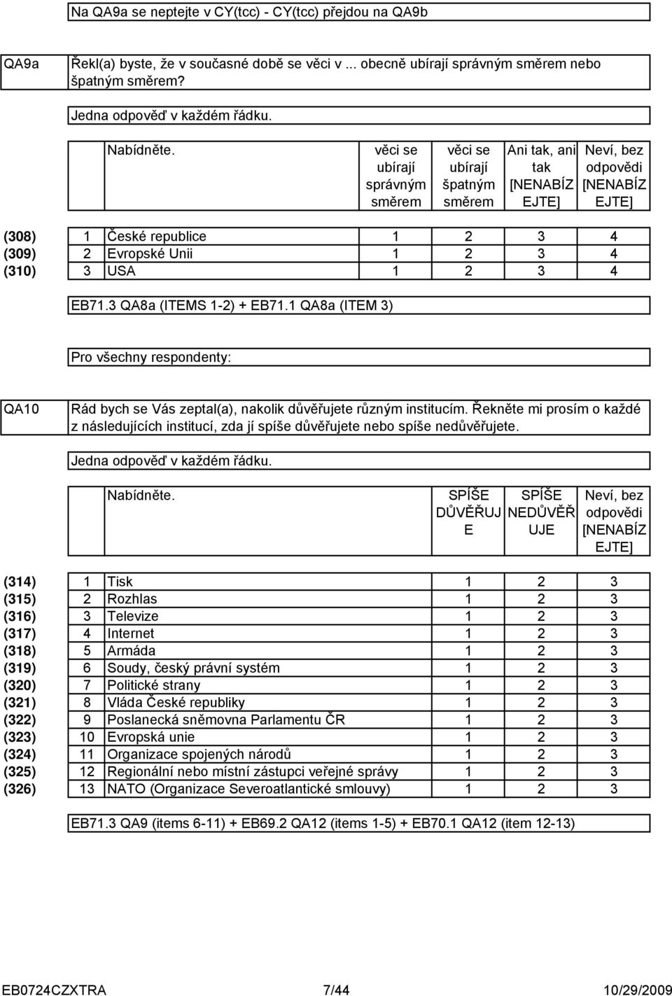 QA8a (ITEMS -) + EB7. QA8a (ITEM ) Pro všechny respondenty: QA0 Rád bych se Vás zeptal(a), nakolik důvěřujete různým institucím.