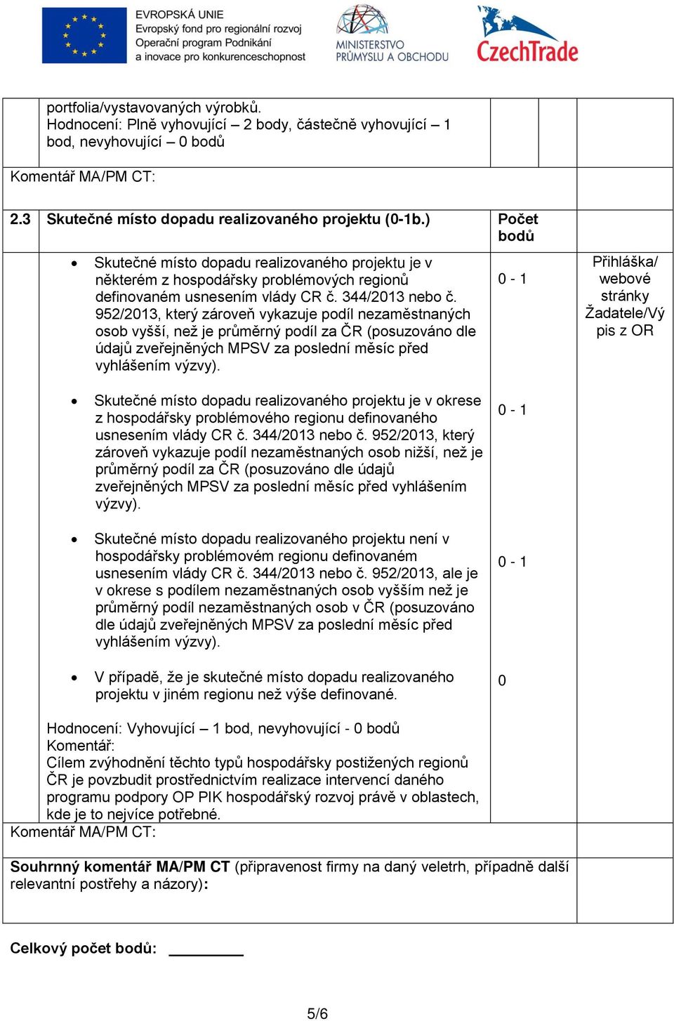 952/2013, který zároveň vykazuje podíl nezaměstnaných osob vyšší, než je průměrný podíl za ČR (posuzováno dle údajů zveřejněných MPSV za poslední měsíc před vyhlášením výzvy).