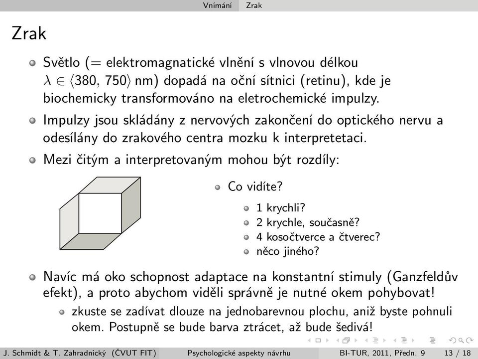 2 krychle, současně? 4 kosočtverce a čtverec? něco jiného? Navíc má oko schopnost adaptace na konstantní stimuly (Ganzfeldův efekt), a proto abychom viděli správně je nutné okem pohybovat!