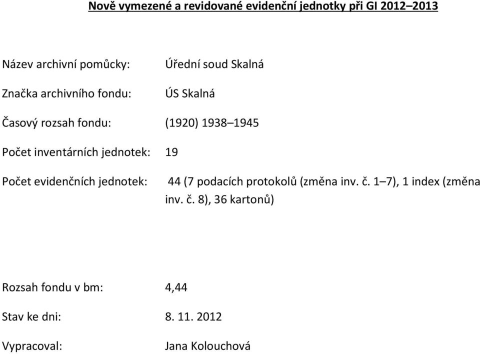 inventárních jednotek: 19 Počet evidenčních jednotek: 44 (7 podacích protokolů (změna inv. č.